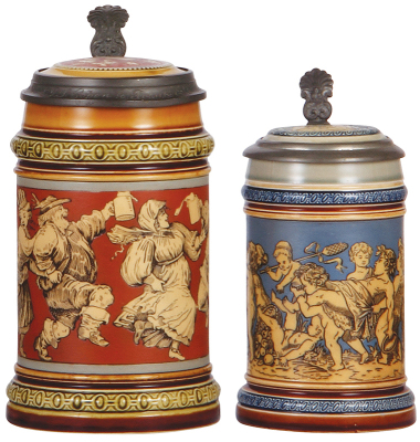 Two Mettlach steins, .5L, 2057, etched, inlaid lid, base chip in rear; with, .3L, 2025, etched, inlaid lid, poorly repaired inlay.