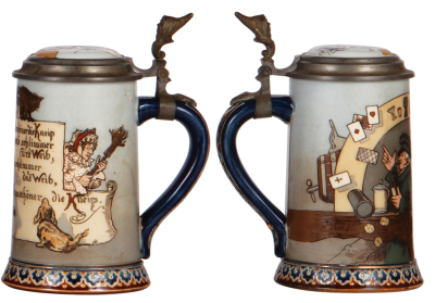 Two Mettlach steins, .5L, 2833A, etched, inlaid lid, mint; with, .3L, 2090, etched, by H. Schlitt, inlaid lid, mint. - 3