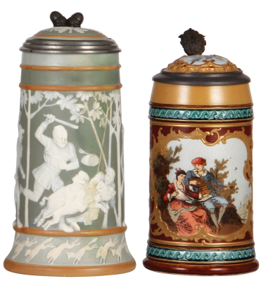 Two Mettlach steins, 1.0L, 2530, cameo, inlaid lid, color changing on body & handle repairs; with, .5L, 1946, etched, inlaid lid, several body hairlines.