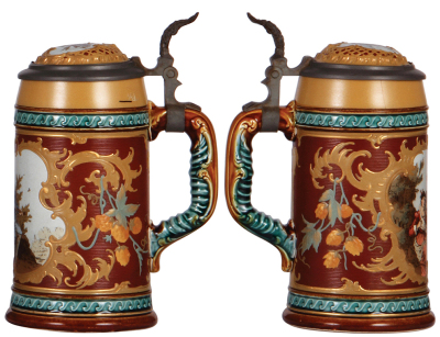 Two Mettlach steins, 1.0L, 2530, cameo, inlaid lid, color changing on body & handle repairs; with, .5L, 1946, etched, inlaid lid, several body hairlines. - 3