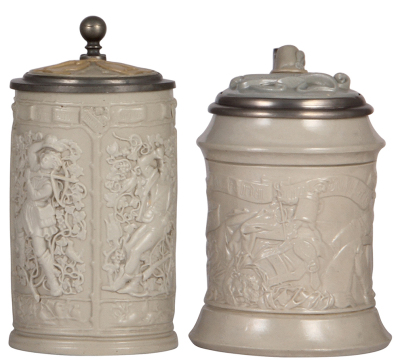 Two Mettlach steins, .5L, 24, earlyware, inlaid lid, mint; with, .5L, 328, earlyware, by Ludwig Foltz, inlaid lid, mint.