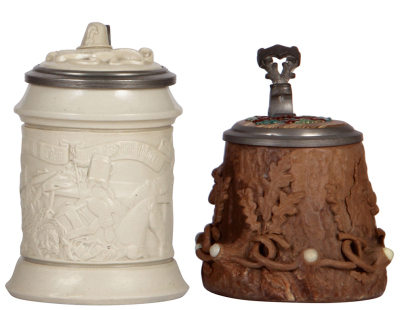 Two Mettlach steins, .5L, 328, earlyware, by Ludwig Foltz, inlaid lid, excellent pewter tear repaired; with, .5L, 216, earlyware, inlaid lid, chip on relief. 