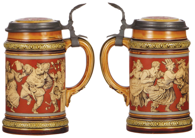 Two Mettlach steins, .5L, 2057, etched, inlaid lid, base chip in rear; with, .3L, 2025, etched, inlaid lid, poorly repaired inlay. - 2