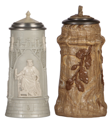 Two Mettlach steins, .5L, 32, earlyware, inlaid lid, mint; with, .5L, 422, earlyware, inlaid lid, mint.