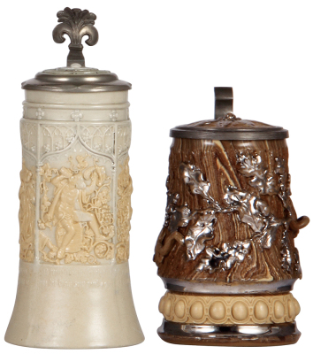 Two Mettlach steins, .5L, 228, earlyware, inlaid lid, very small base flake; with, .5L, 368, earlyware, inlaid lid, platinum wear.