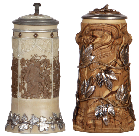 Two Mettlach steins, .5L, 328, earlyware, inlaid lid, body repaired, interior paint scraped; with, .5L, 42, earlyware, inlaid lid, relief chips.