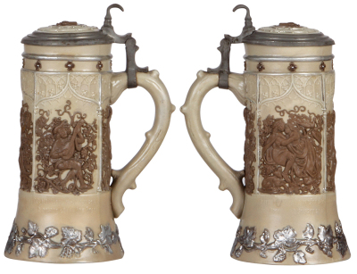 Two Mettlach steins, .5L, 328, earlyware, inlaid lid, body repaired, interior paint scraped; with, .5L, 42, earlyware, inlaid lid, relief chips. - 2