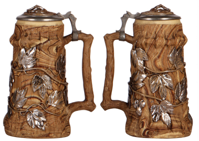 Two Mettlach steins, .5L, 328, earlyware, inlaid lid, body repaired, interior paint scraped; with, .5L, 42, earlyware, inlaid lid, relief chips. - 3