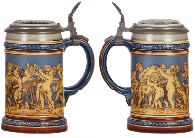 Two Mettlach steins, .5L, 2057, etched, inlaid lid, base chip in rear; with, .3L, 2025, etched, inlaid lid, poorly repaired inlay. - 3