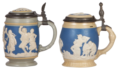 Three Mettlach steins, .25L, 2086, relief, inlaid lid, mint; with, .3L, 2211, relief, inlaid lid, base chip repaired; with, .5L, 1028, relief, inlaid lid, mint.  - 2