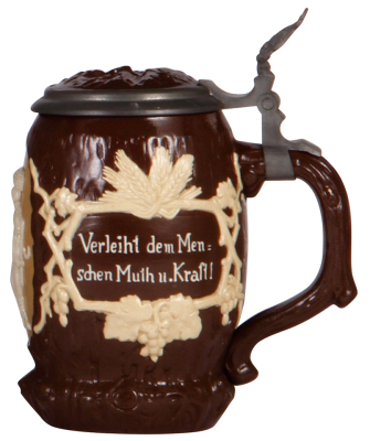 Three Mettlach steins, .25L, 2086, relief, inlaid lid, mint; with, .3L, 2211, relief, inlaid lid, base chip repaired; with, .5L, 1028, relief, inlaid lid, mint.  - 3