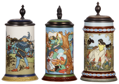 Three Mettlach steins, .5L, modern, Wilhelm Tell, Limited Edition, Peter Pan, Limited Edition, The Brother's Grimm, 2901, all have inlaid lids, mint.