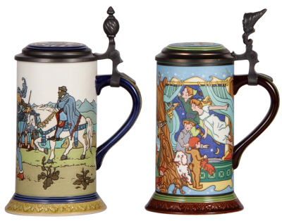 Three Mettlach steins, .5L, modern, Wilhelm Tell, Limited Edition, Peter Pan, Limited Edition, The Brother's Grimm, 2901, all have inlaid lids, mint. - 2