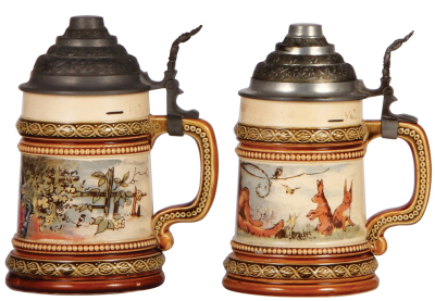 Three Mettlach steins, .25L, 957 [2181], 958 [2181], 961 [2179], PUG, by H. Schlitt, pewter lids, 958 [2181] has a glaze blemish, otherwise all are mint. - 2