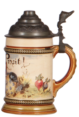 Three Mettlach steins, .25L, 957 [2181], 958 [2181], 961 [2179], PUG, by H. Schlitt, pewter lids, 958 [2181] has a glaze blemish, otherwise all are mint. - 3