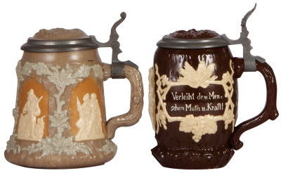 Three Mettlach steins, .5L, 1467, relief, inlaid lid; with two, .5L, 1028, relief, inlaid lids, all mint. - 2