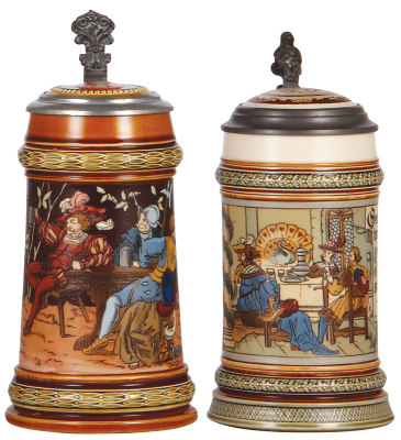 Two Mettlach steins, .5L, 1527, etched, inlaid lid, by C. Warth, mint; with, .5L, 2005, etched, inlaid lid, glaze browning of inlay interior, otherwise mint.