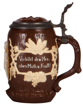 Three Mettlach steins, .5L, 1467, relief, inlaid lid; with two, .5L, 1028, relief, inlaid lids, all mint. - 3