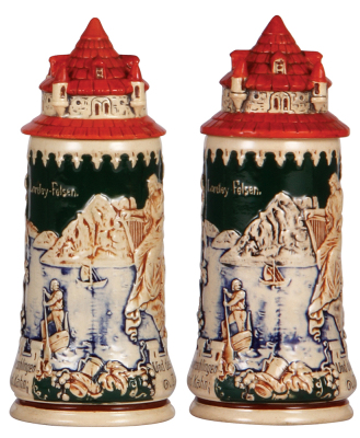 Two pottery steins, .5L, relief, marked 952, by Matthias Girmscheid, Loreley, figural castle tower lids, one spire missing, otherwise mint.