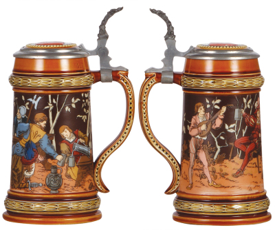 Two Mettlach steins, .5L, 1527, etched, inlaid lid, by C. Warth, mint; with, .5L, 2005, etched, inlaid lid, glaze browning of inlay interior, otherwise mint. - 2