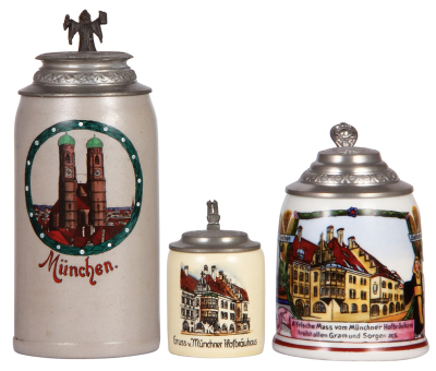 Three steins, 1.0L, stoneware, transfer & hand-painted, relief pewter lid: Munich scene; with, 4.0" ht., pottery, transfer, Gruss v. Münchner Hofbräuhaus, relief pewter lid: Munich scene; with, .5L, porcelain, transfer, Münchner Hofbräuhaus, pewter lid, a