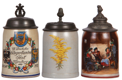 Three stoneware steins, .5L, all transfer & hand-painted, marked L. Ostermay, Nürnberg, VIII. Deutsches Sängerbundes-Fest, Nürnberg, 1912, pewter lid, hairlines; with, .5L, marked M. & W. Gr., pewter lid, Otto Hüber Brewery, New York, mint; with, .5L, mar