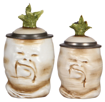 Two Character steins, .5L & .3L, porcelain, marked Musterschutz, by Schierholz, Sad Radishes, both have small chips on leaves. 