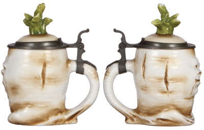 Two Character steins, .5L & .3L, porcelain, marked Musterschutz, by Schierholz, Sad Radishes, both have small chips on leaves.  - 2