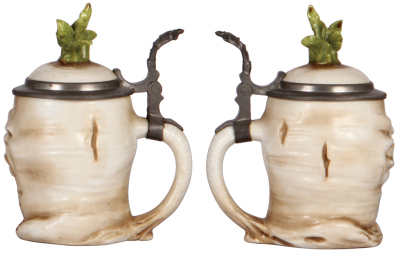 Two Character steins, .5L & .3L, porcelain, marked Musterschutz, by Schierholz, Sad Radishes, both have small chips on leaves.  - 3