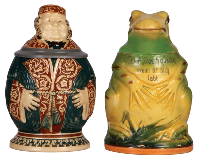 Two Character steins, .5L, pottery, marked M. & W. Gr., Wealthy Man, mint; .5L, pottery, 825, Frog, chips on lid repaired. 