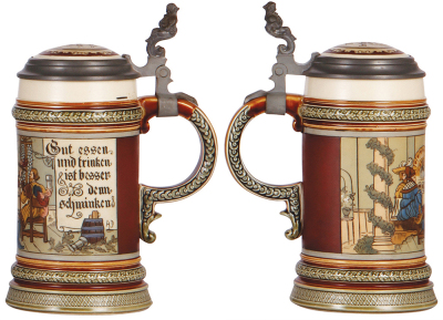 Two Mettlach steins, .5L, 1527, etched, inlaid lid, by C. Warth, mint; with, .5L, 2005, etched, inlaid lid, glaze browning of inlay interior, otherwise mint. - 3