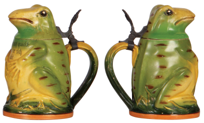 Two Character steins, .5L, pottery, marked M. & W. Gr., Wealthy Man, mint; .5L, pottery, 825, Frog, chips on lid repaired.  - 3