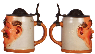 Two Character steins, .5L, pottery, marked Gerz, 1228, Man's Face, pewter lid, base chip & lid dented; with, .5L, pottery, 1426, by Reinhold Hanke, Man's Face, pewter lid is dented, a little wear on side. - 3