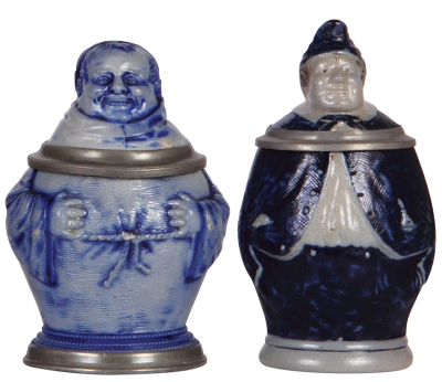 Two Character steins, .5L, stoneware, Monk, mint; with, .5L, stoneware, man with cap, Michael, blue salt glaze, owner I.D. on pewter, chip on underside of inlay. 