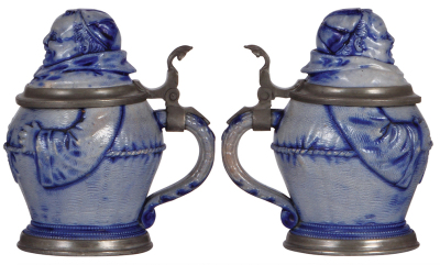 Two Character steins, .5L, stoneware, Monk, mint; with, .5L, stoneware, man with cap, Michael, blue salt glaze, owner I.D. on pewter, chip on underside of inlay.  - 2