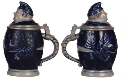 Two Character steins, .5L, stoneware, Monk, mint; with, .5L, stoneware, man with cap, Michael, blue salt glaze, owner I.D. on pewter, chip on underside of inlay.  - 3