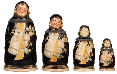 Four Character steins, 1.0L to 1/8L, 9.6" to 4.3" ht., pottery, all marked J. Reinemann, München, Munich Child, .25L has large base chip, others all mint. 