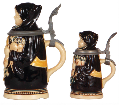 Four Character steins, 1.0L to 1/8L, 9.6" to 4.3" ht., pottery, all marked J. Reinemann, München, Munich Child, .25L has large base chip, others all mint.  - 3