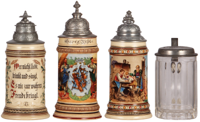 Four steins, three are pottery, .5L relief, transfer & handpainted, 1. verse, mint; 2. Occupation Schreinerei [Builder], hairlines, handle break, pewter repair; 3. family scene, mint; 4. glass, pressed, Pschorr Bräu München in base, pewter lid: Pschorr Br