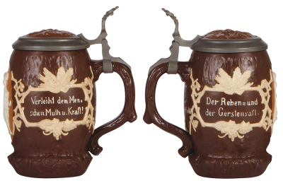 Two Mettlach steins, .5L, 1028 & 2182, relief, inlaid lids, 1028 has browning, 2182 has popped factory blister, otherwise mint. - 2