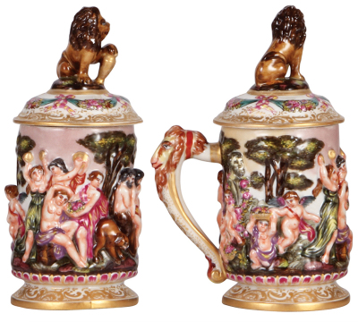 Two porcelain steins, .3L, 8.0" ht., hand-painted & relief, marked N with crown, Capo-di-Monte, set-on lid, mint; with, .3L, 7.5" ht., marked N with crown, Capo-di-Monte, set-on lid, flake on lid, otherwise mint. - 2