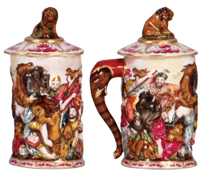 Two porcelain steins, .3L, 8.0" ht., hand-painted & relief, marked N with crown, Capo-di-Monte, set-on lid, mint; with, .3L, 7.5" ht., marked N with crown, Capo-di-Monte, set-on lid, flake on lid, otherwise mint. - 3