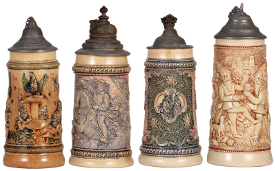 Four pottery steins, by Diesinger, .5L, relief, numbers 901, 78, 777 & 53, pewter lids, all have browning, 1. strap repair; 2. pewter repair; 3. broken strap; 4. hairline. 