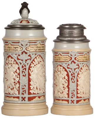 Two Mettlach steins, 1.0L, 24, relief, inlaid lid, small base chip in rear; with .5L, 24, relief, pewter lid, thumblift missing small piece, body mint.