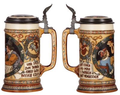 Mettlach stein, 1.0L, 2716, etched, by F. Quidenus, inlaid lid, inlay chip repaired, minor color wear. - 2