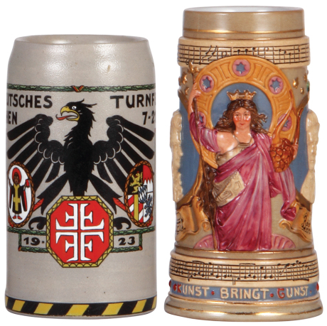 Two steins, stoneware, 1.0L, transfer & hand-painted, 13. Deutsches Turnfest, München, 1923, no lid, mint; with, .5L, pottery, relief, #1729, by Reinhold Hanke, Mozart & Beethoven, no lid, mint. 