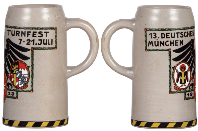 Two steins, stoneware, 1.0L, transfer & hand-painted, 13. Deutsches Turnfest, München, 1923, no lid, mint; with, .5L, pottery, relief, #1729, by Reinhold Hanke, Mozart & Beethoven, no lid, mint.  - 2