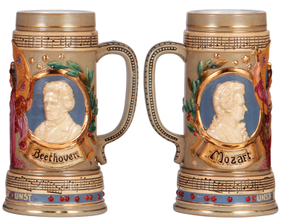 Two steins, stoneware, 1.0L, transfer & hand-painted, 13. Deutsches Turnfest, München, 1923, no lid, mint; with, .5L, pottery, relief, #1729, by Reinhold Hanke, Mozart & Beethoven, no lid, mint.  - 3