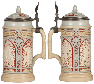 Two Mettlach steins, 1.0L, 24, relief, inlaid lid, small base chip in rear; with .5L, 24, relief, pewter lid, thumblift missing small piece, body mint. - 2