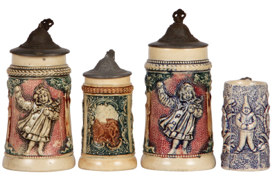 Four pottery steins, by Diesinger, 3.6" to 5.4" ht., relief, 1. mint; 2. pewter tear; 3. pewter casting flaw on finial, mint; 4. #828, no lid, mint. 